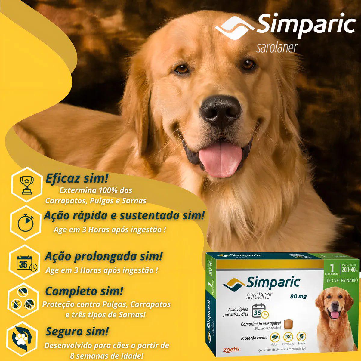 🐾 Antipulgas E Carrapatos Simparic 80mg 20,1 A 40kg - Caixa com 1 Comprimido - Zoetis