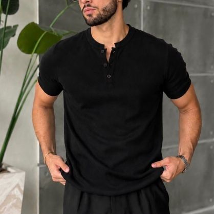 ➡️ Camiseta Henley Slim Fit Algodão (10 cores)