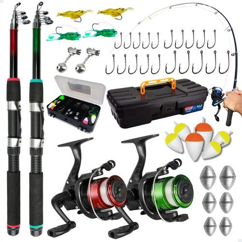 🚚 Pescamping Kit Pesca Completo 2 Varas Fibra De Vidro E 2 Molinetes Leve Com Linha Estojo E Maleta Com Acessórios -