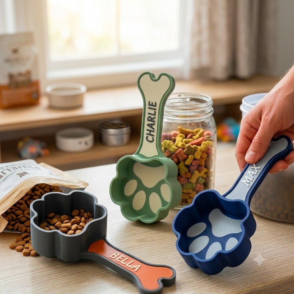 🐾 Kit Personalizado Colher de Ração Dosadora Pet de Patinha Cachorro Gato Pegador Concha Dispenser