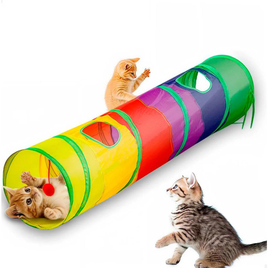 🐾 Túnel Brinquedo para Gato Dobrável Colorido com Bolinha – 120cm x 25cm