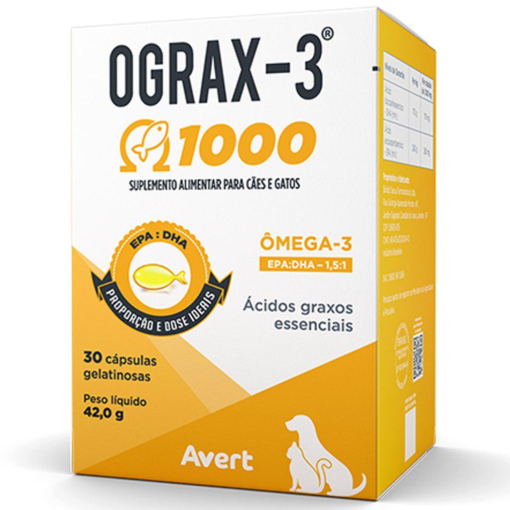 🐾 Ograx 3 1000mg Avert 30 Cápsulas Ômega 3 para Cachorro Gato