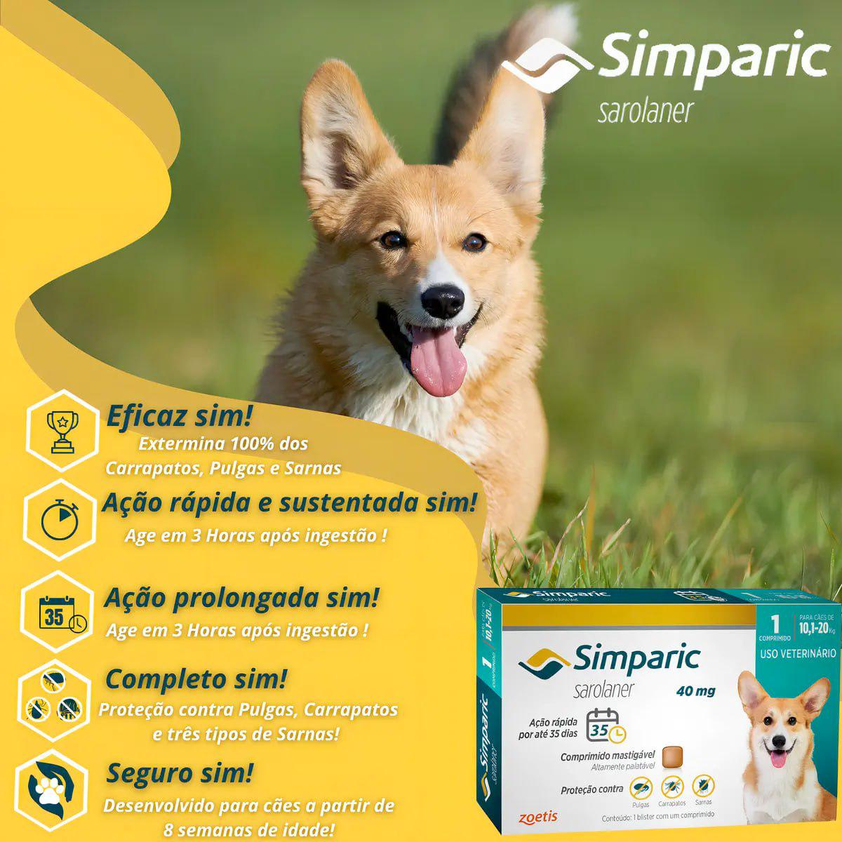 🐾 *Antipulgas e Carrapatos Cães Simparic Zoetis 40 Mg 10,1 A 20 Kg 1 Unidade*