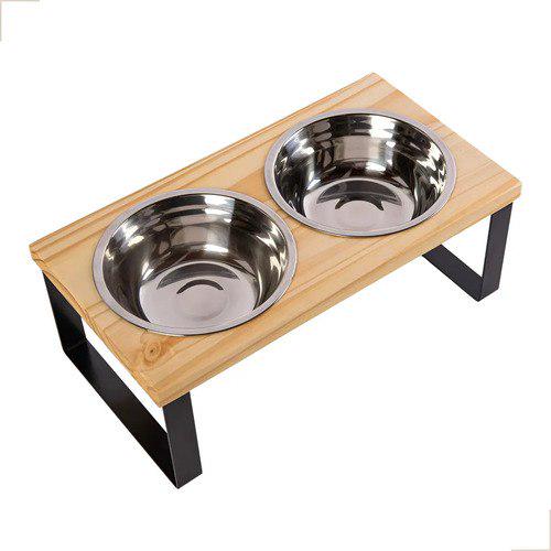 🐾 Comedouro Elevado Duplo P Nala Tigelas Inox Cães e Gatos - Mádela - Porte Mini e Pequeno - Madeira Pinus Alto