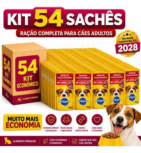 🐾 Kit 54 Pedigree Sachê Cães Adultos Raças Pequenas Carne 100g