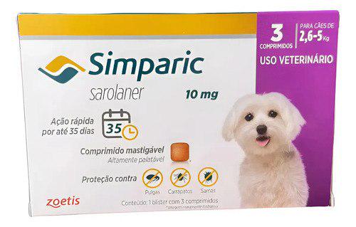 🐾 Simparic 10mg C/ 3 Comprimidos Para Cães 2,6kg A 5kg Proteção Completa Antipulgas E Carrapatos