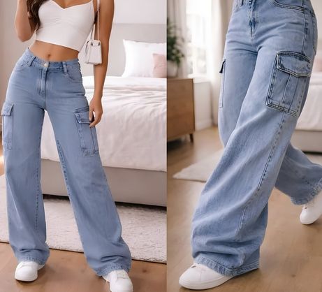 ➡️ Calça Cargo Wide Leg Cintura Alta