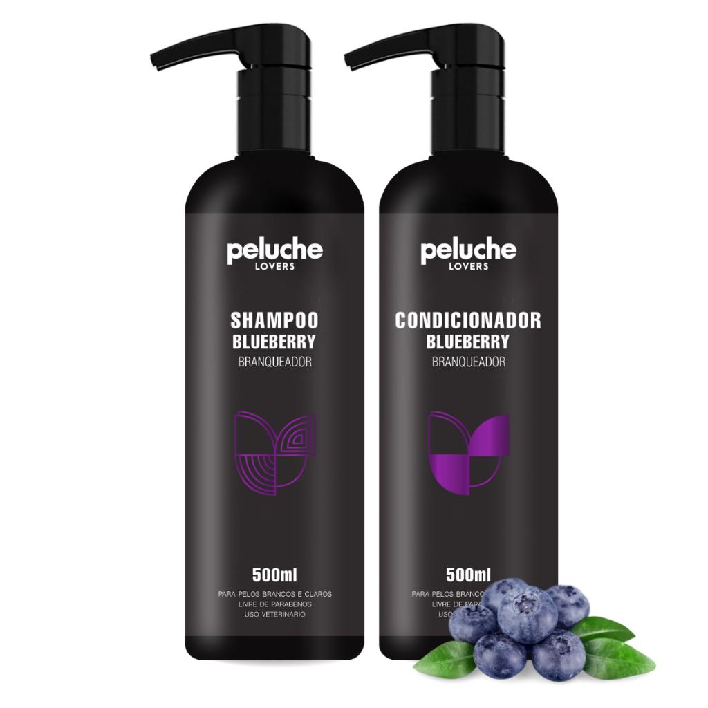 🐾 Kit Shampoo Branqueador + Condicionador Blueberry Peluche Pet 500ml Pelos Claros