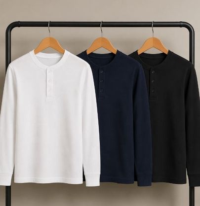 ➡️ Kit com 3 Camiseta Henley Slim 2 Botões Manga Longa