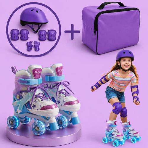 🚚 Patins Infantil 4 Rodas + Kit Proteção Sereia Roxo C/ Led