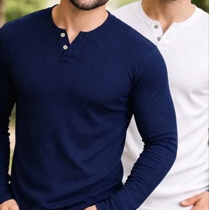 ➡️ Kit com 2 Camisetas Henley Slim 2 Botões Manga Longa