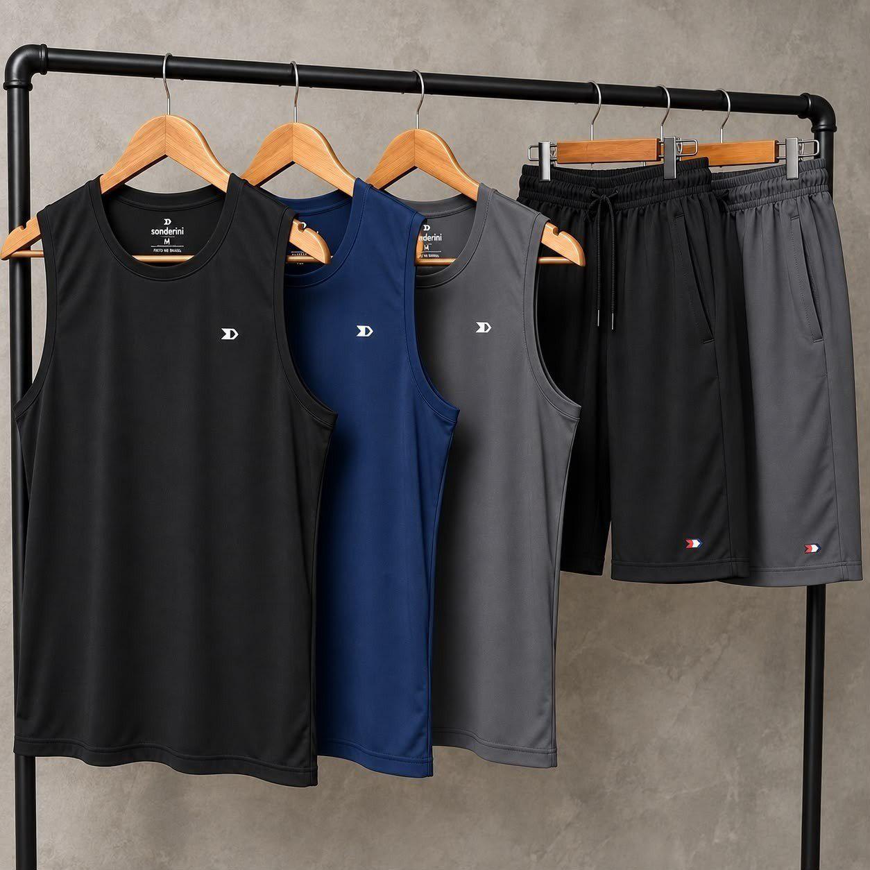 ➡️ Kit 5 Pçs 3 Camisas Regata Dry-fit + 2 Short Tactel - Sandrini