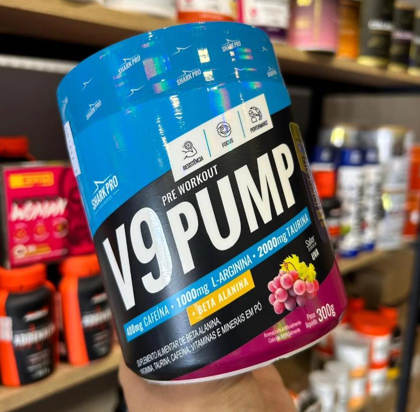 🚚 Suplemento Em Pó Pré Treino V9 Pump Shark Pro 300g Alanina Sabor Açaí Com Guaraná