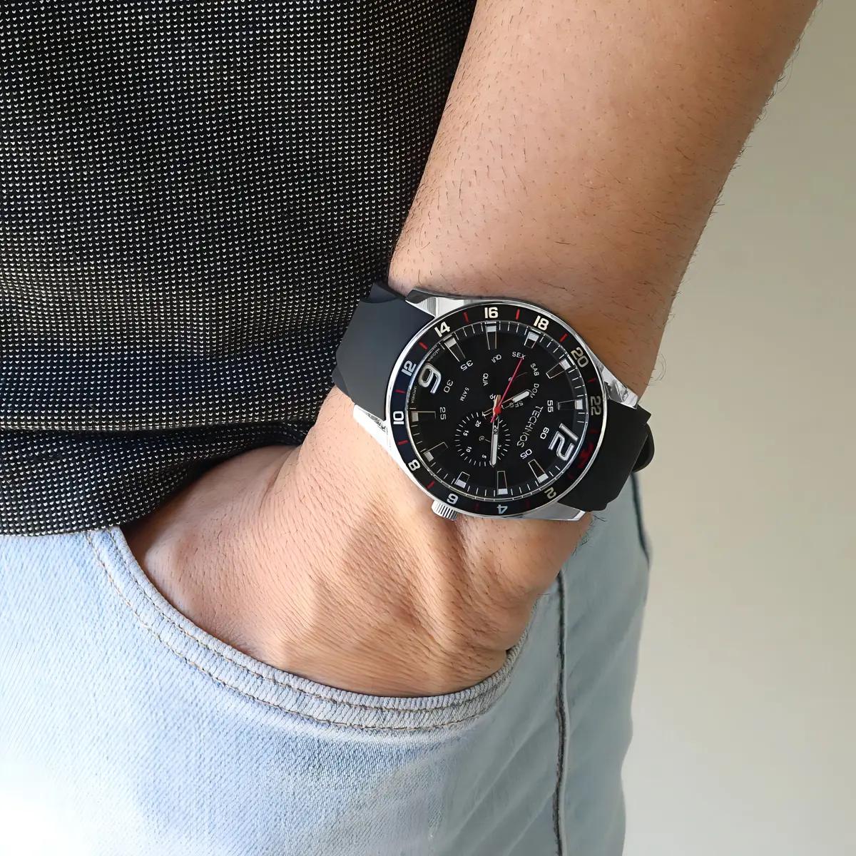 🚚 Relógio Technos Masculino 6P25BN/8P Analógico 46 Milímetros Pulseira Silicone Preto Macia Prova D´Agua 50m com