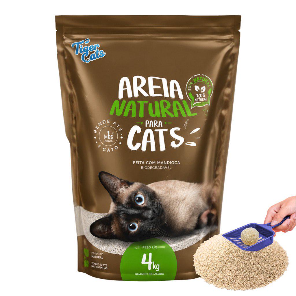 🐾 Areia Sanitária Higiênica para Gatos Natural 100% Mandioca Biodegradável Tiger Cats 4kg Natural