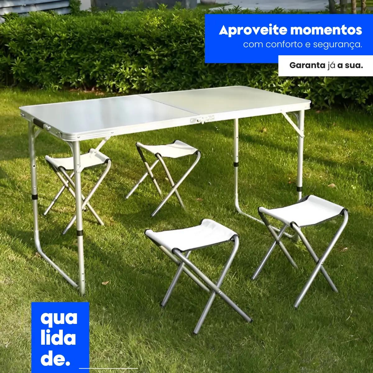 🚚 Mesa Dobravel Portatil Maleta De Camping 120x60 4 Banquetas Vira Maleta Praia Lazer Aluminio 4 Cadeiras Piquenique