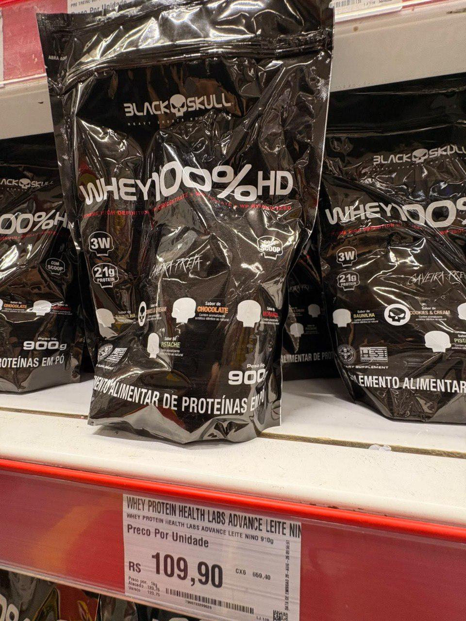🚚 Whey Protein 100% HD Black Skull 900g Baunilha Refil