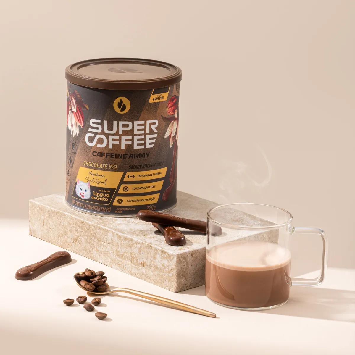 🚚 Cafeína Caffeine Army SuperCoffee - Lingua de Gato em pó sabor Chocolate ao leite x 220mL