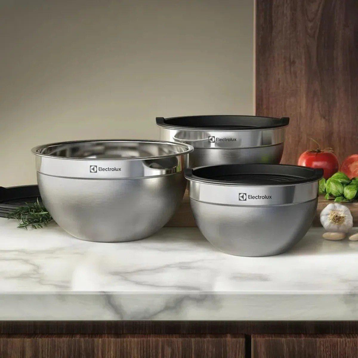 🐾 Electrolux Kit Bowls Tigelas em Inox com Tampa Plástica 3 Unidades Utensílios Domésticos de Cozinha