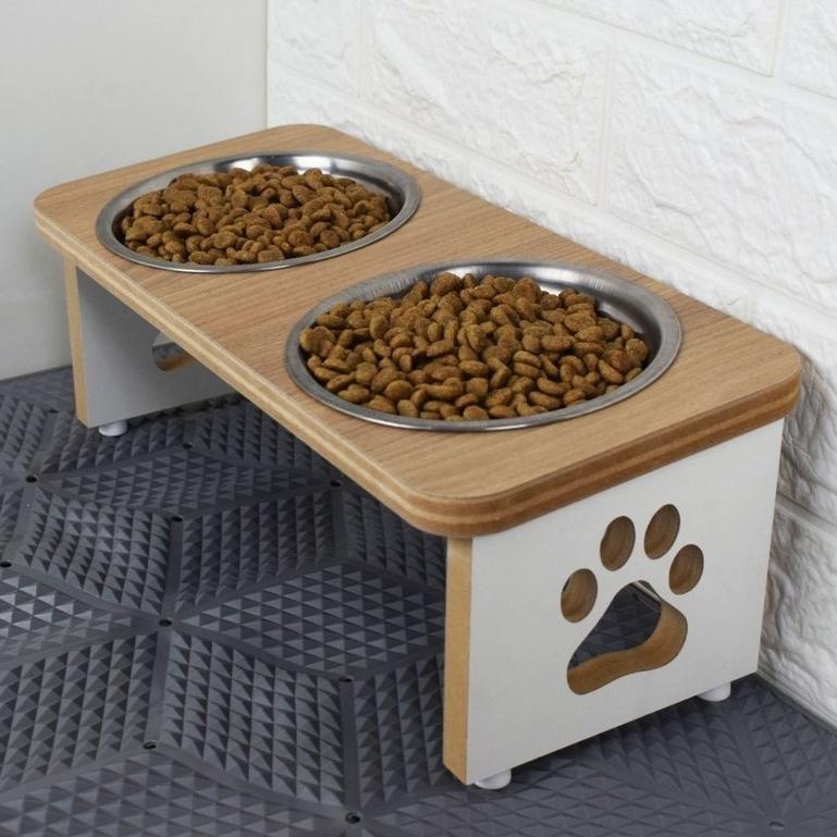 🐾 Comedouro Bebedouro Pet Duplo Elevado Cachorro MDF Tigela Inox 300ml Modelo Tradicional