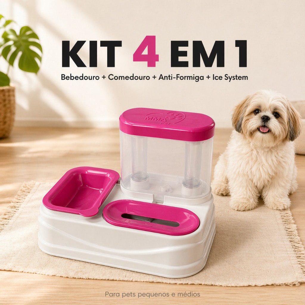 🐾 Comedouro e Bebedouro Pet Pelos Longos e Curtos 4 em 1 Cachorro e Gato Água Gelada Antiderrapante