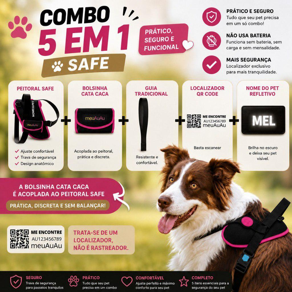 🐾 Kit Peitoral Segura Para Cachorro 5 Em 1 Com Guia + Nome Personalizado Do Pet Para Todas