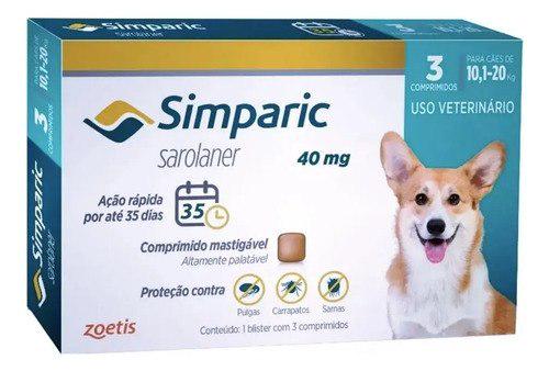 🐾 Simparic 40mg Cães 10,1-20kg Pulgas Carrapatos 3 Comprimidos Zoetis