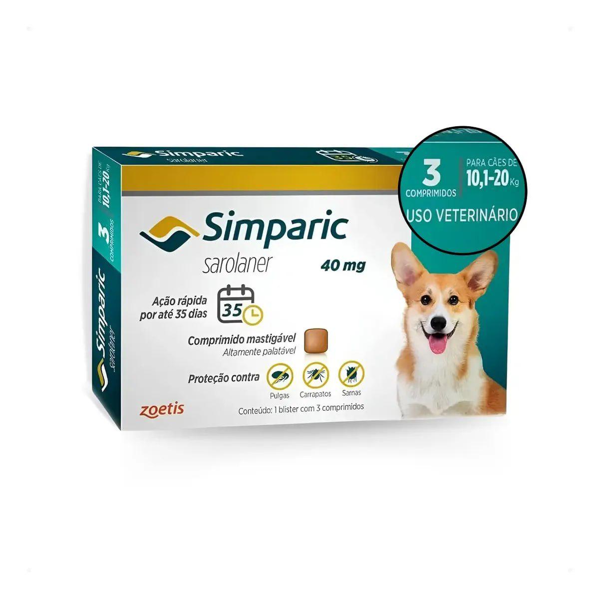 🐾 Antipulgas Para Cães Simparic 40mg De 10-20kg 3 Comprimidos