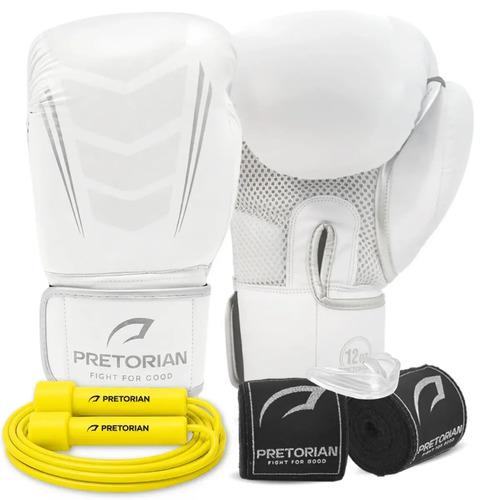 🚚 Kit Luva Boxe Muay Thai Core Pretorian Bandagem + Protetor Bucal + Corda - Branco/Corda - 14oz